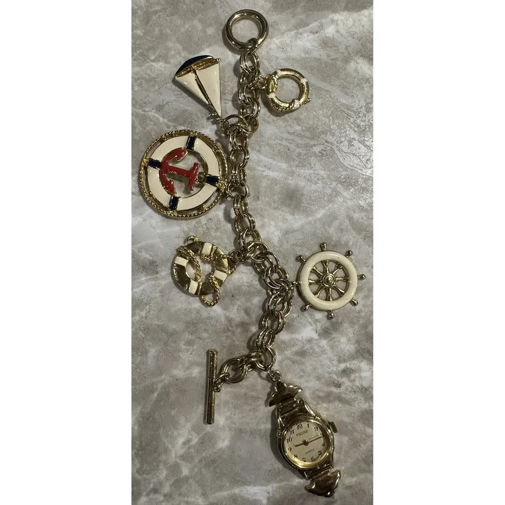 Pedre Women Round‎ Watch Gold Tone Sea Ship Charms Quartz New Battery Vintage